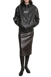 Oversized Leather Bomber Jacket in Coffee