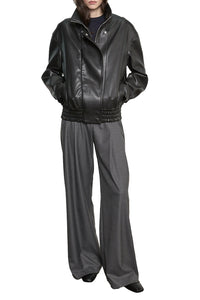 Oversized Leather Bomber Jacket in Coffee