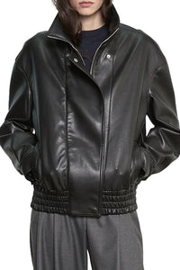 Oversized Leather Bomber Jacket in Coffee
