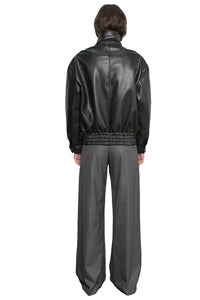 Oversized Leather Bomber Jacket in Black