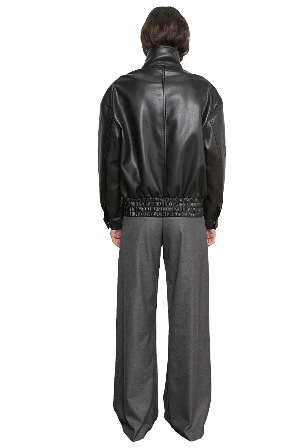 Oversized Leather Bomber Jacket in Black