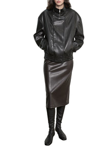 Oversized Leather Bomber Jacket in Black