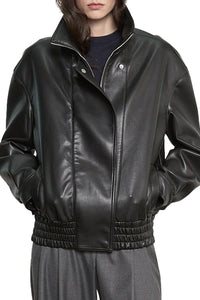 Oversized Leather Bomber Jacket in Black