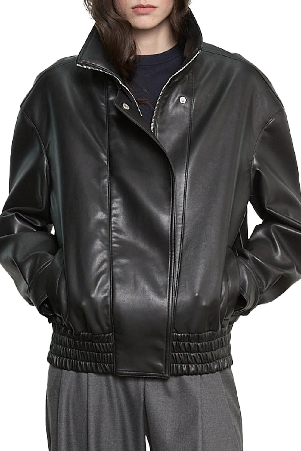 Oversized Leather Bomber Jacket in Black
