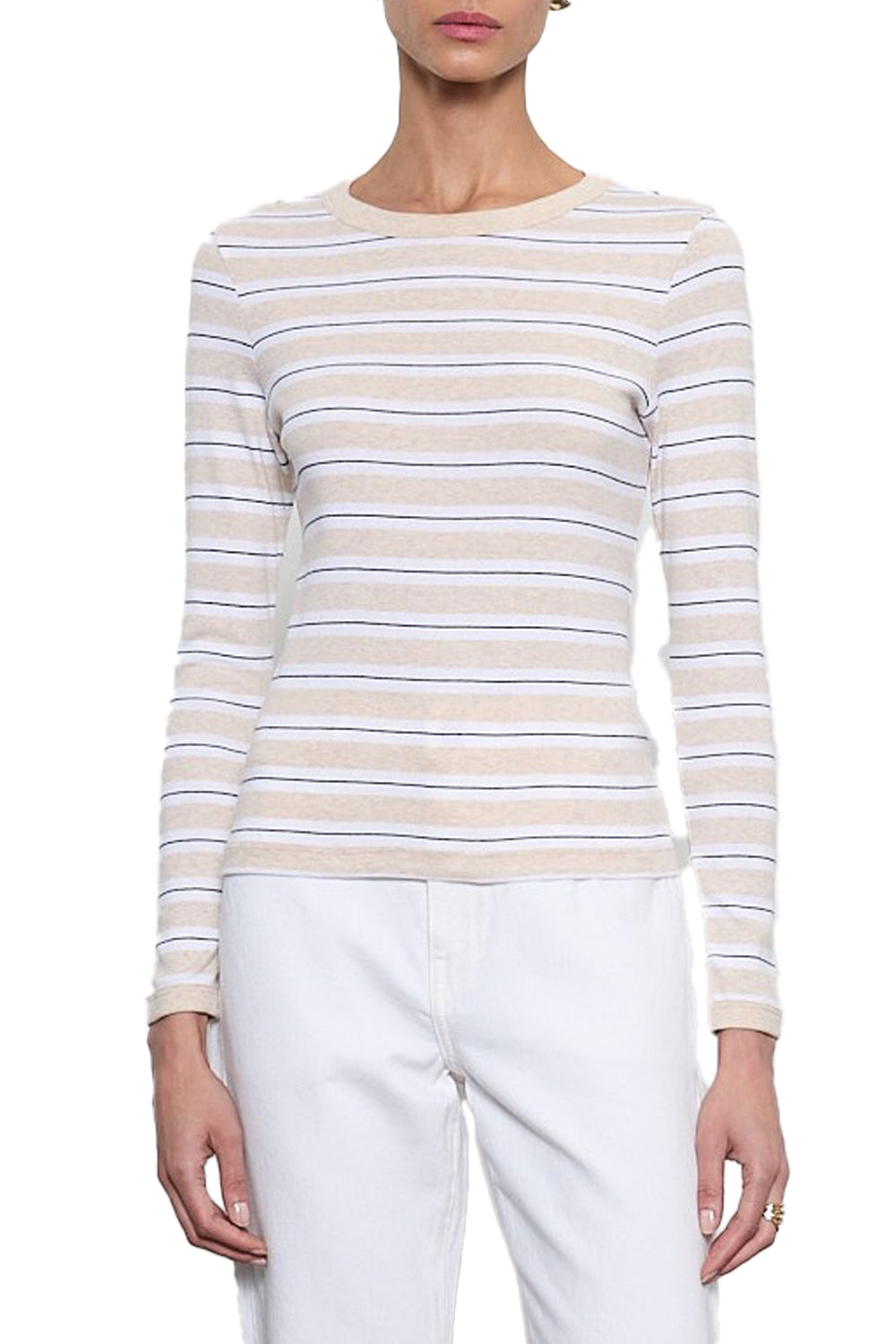 Cotton Stripe Classic Long Sleeve Tee in Wheat White Stripe