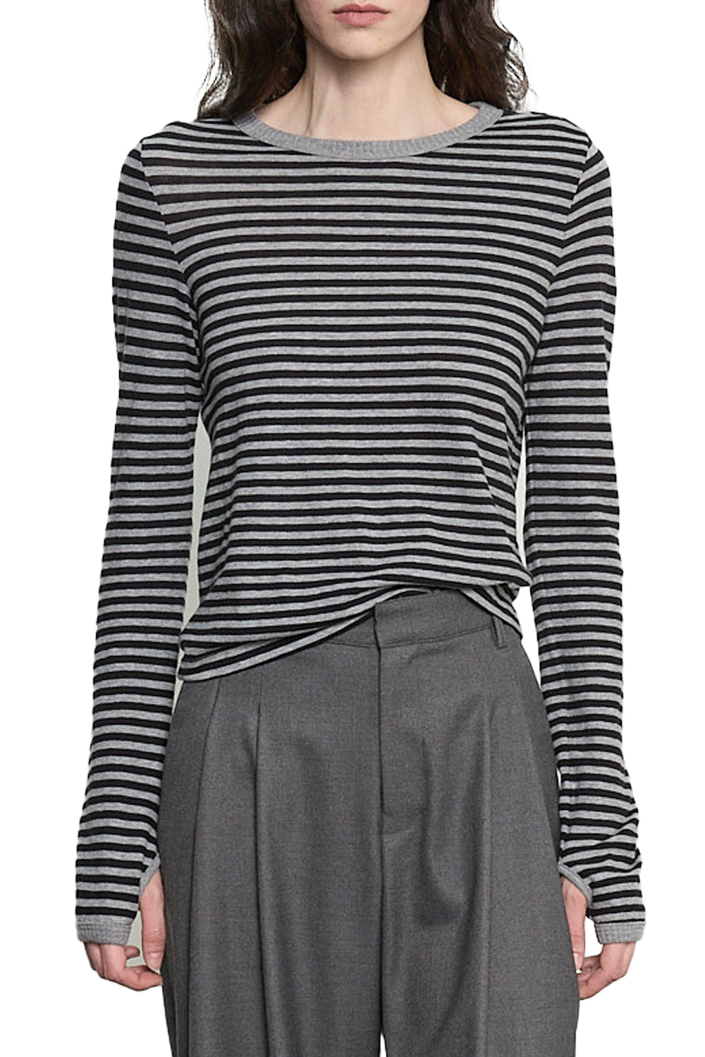 Cashmere Jersey New Classic Crew in Mini Stripe Smoke Black