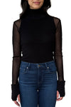Cotton Mesh Cuffed Long Sleeve Turtleneck in Black