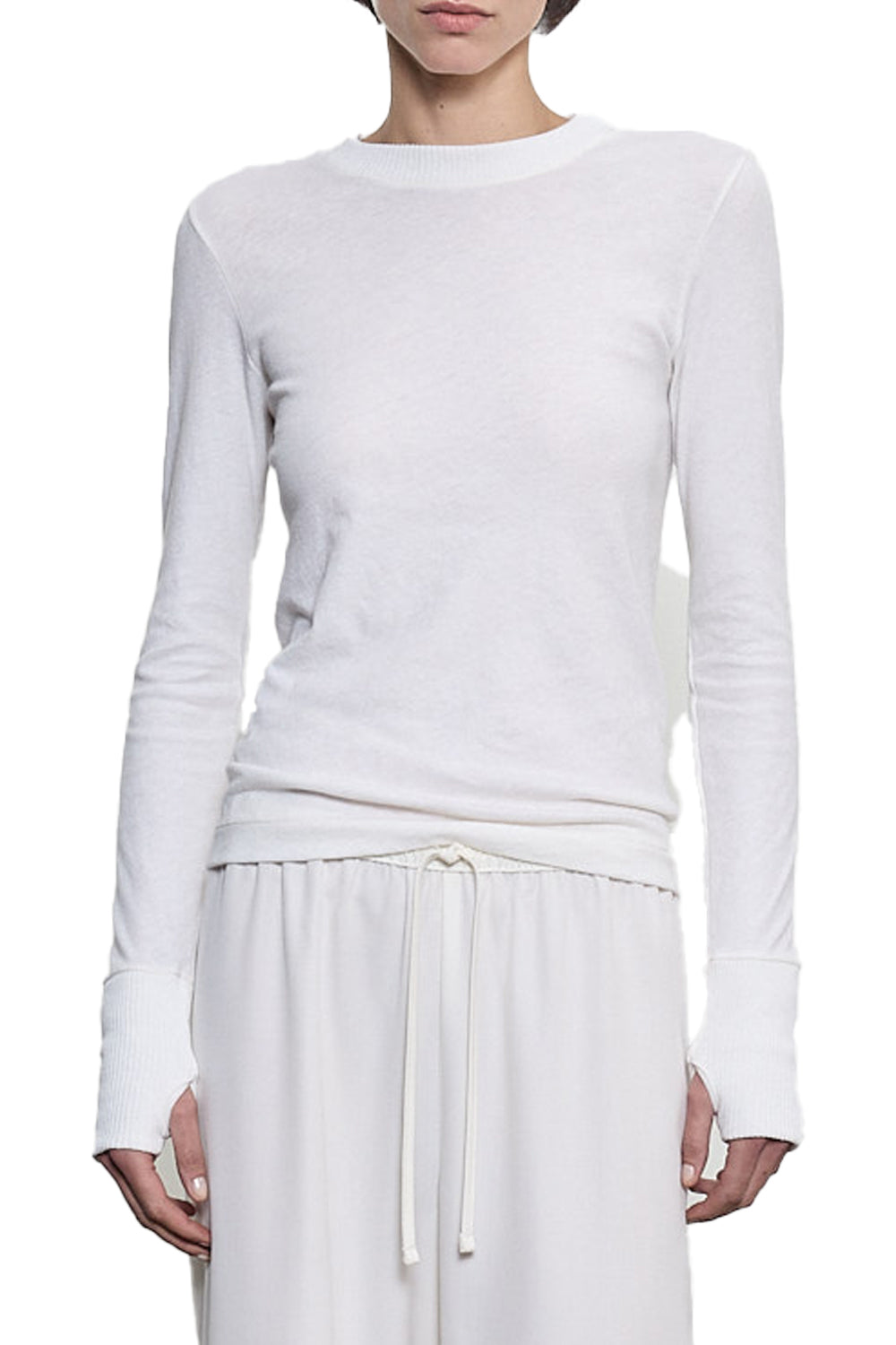 Fine Cashmere Jersey Easy Cuffed Crew in White
