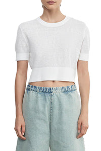 Linen Open Knit Cropped Short Sleeve Sweater in White