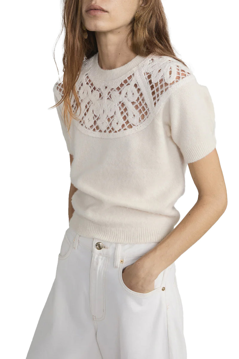 The Lace Gathered Sweater in Cream