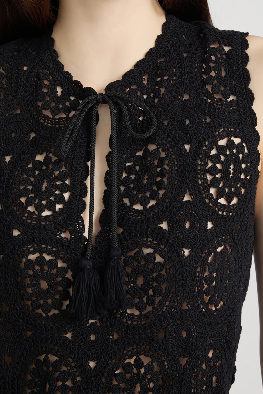 The Crochet Tassel Popover Top in Black