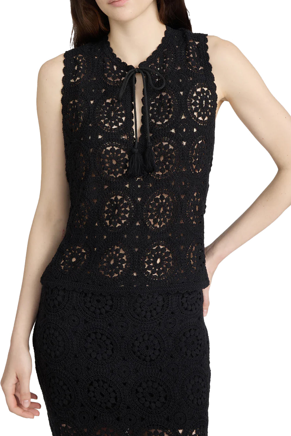 The Crochet Tassel Popover Top in Black