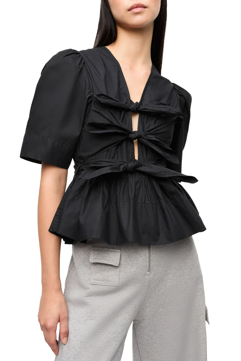 Black Washed Stretch Cotton Tie Strap Blouse