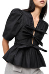 Black Washed Stretch Cotton Tie Strap Blouse