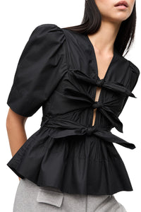 Black Washed Stretch Cotton Tie Strap Blouse