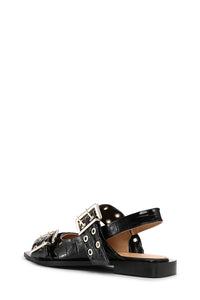 Feminine Buckle Ballerina Patent Croco in Black