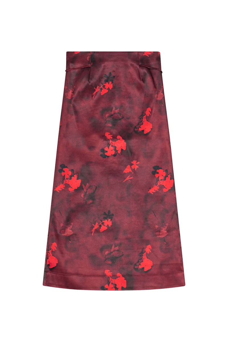 Printed Double Satin Maxi Skirt in Winery