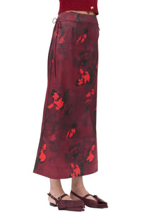 Printed Double Satin Maxi Skirt in Winery