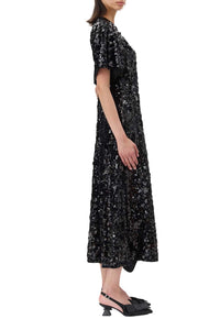 Velvet Sequins Long Dress in Black