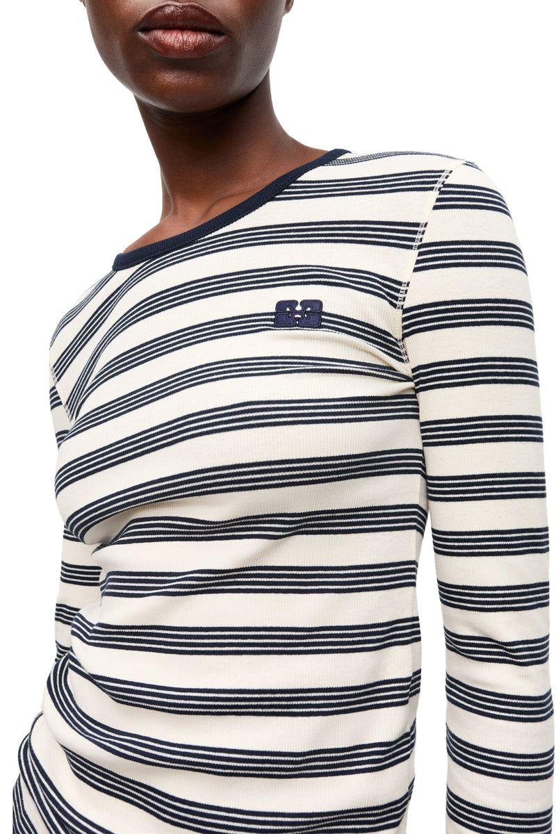 Striped Soft Cotton Rib Long Sleeve T-Shirt in Sky Captain