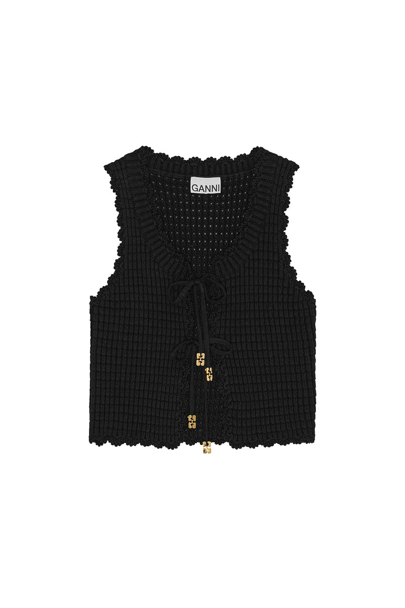 Cotton Textured Lace Knit Top in Black