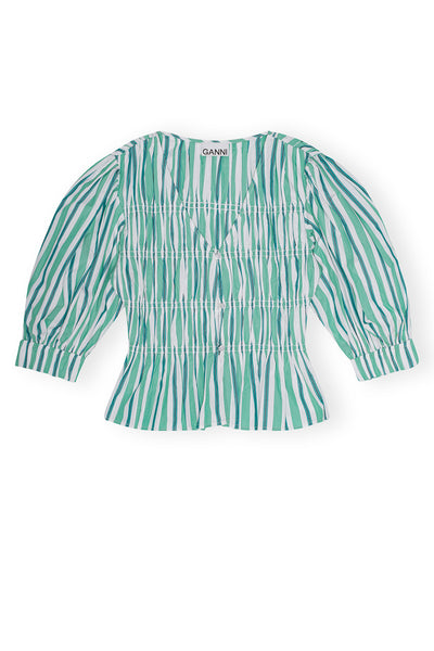 Green Striped V-neckline Fitted Blouse