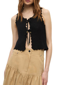 Cotton Textured Lace Knit Top in Black