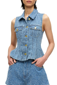 Fluffy Denim Fitted Top in Mid Blue Stone