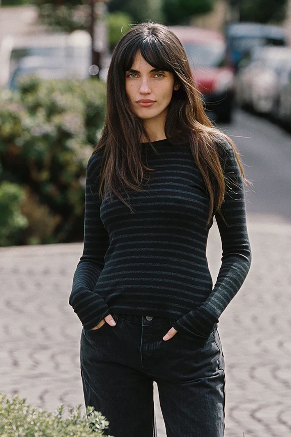Shadow Stripe Top in Black Charcoal Heather