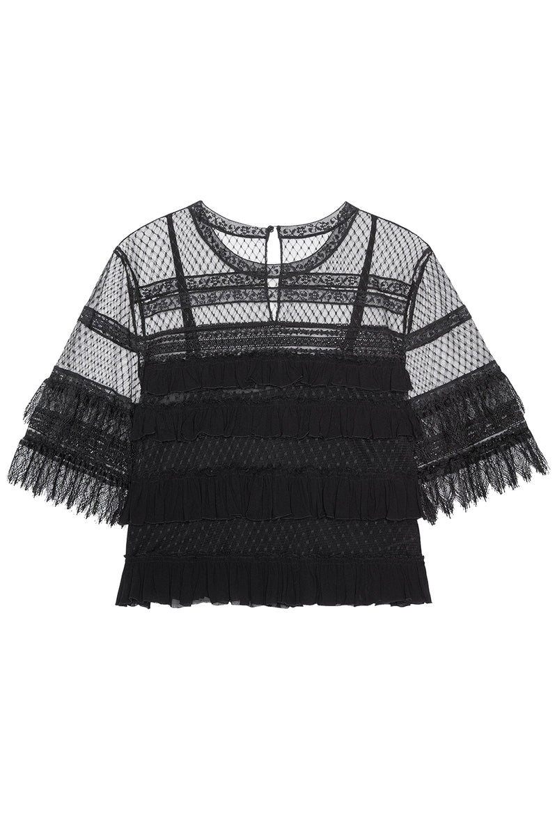 The Winter Mesh Flounce Top in Black