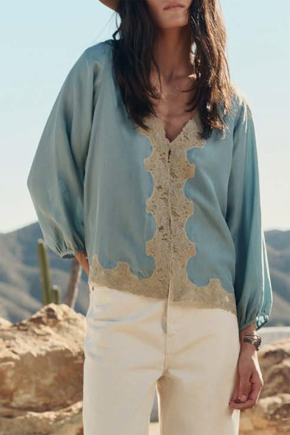 Long Sleeve Legacy Top in Faded Blue Cream