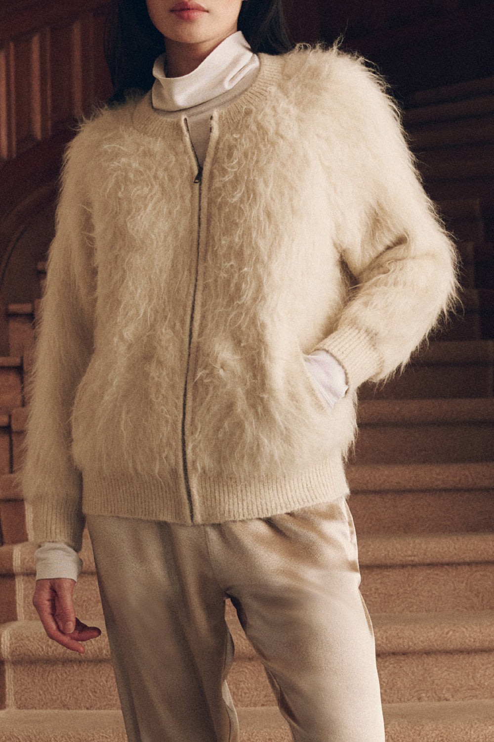 The Fuzzy Bomber Sweater in Cream