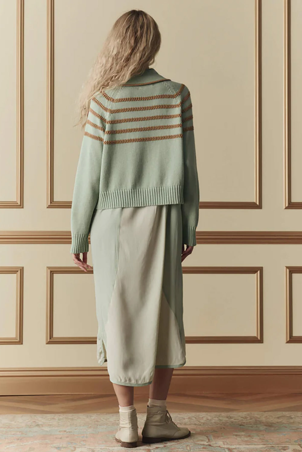The Scholar Cardigan with Crochet Stripes in Seafoam