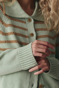 The Scholar Cardigan with Crochet Stripes in Seafoam