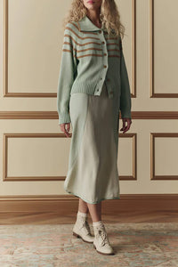 The Scholar Cardigan with Crochet Stripes in Seafoam