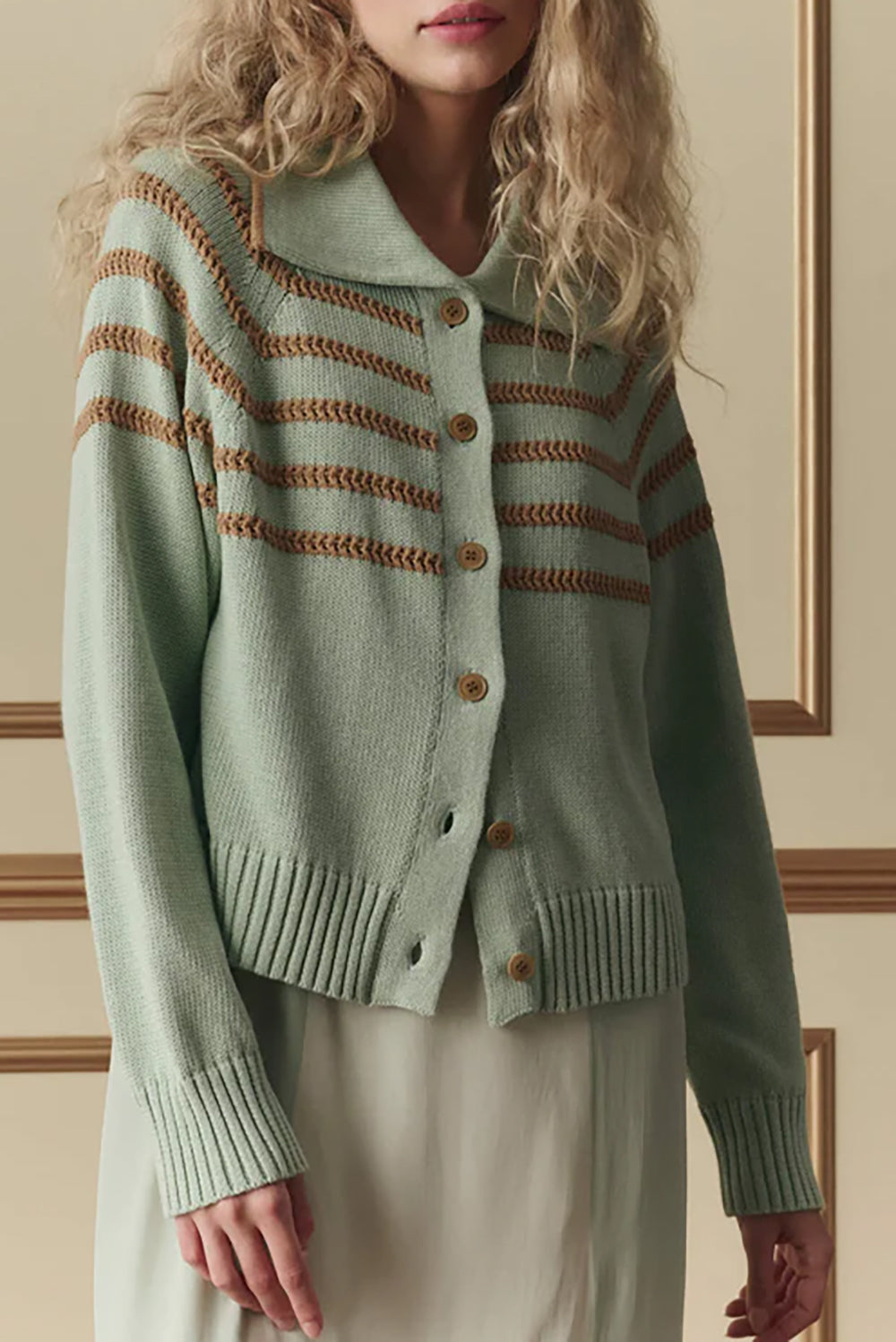 The Scholar Cardigan with Crochet Stripes in Seafoam
