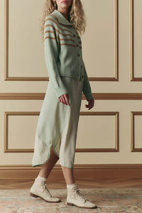 The Scholar Cardigan with Crochet Stripes in Seafoam