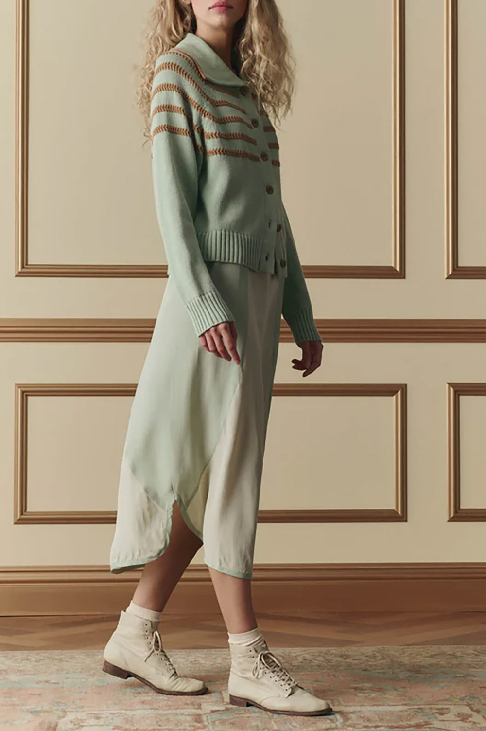 The Scholar Cardigan with Crochet Stripes in Seafoam