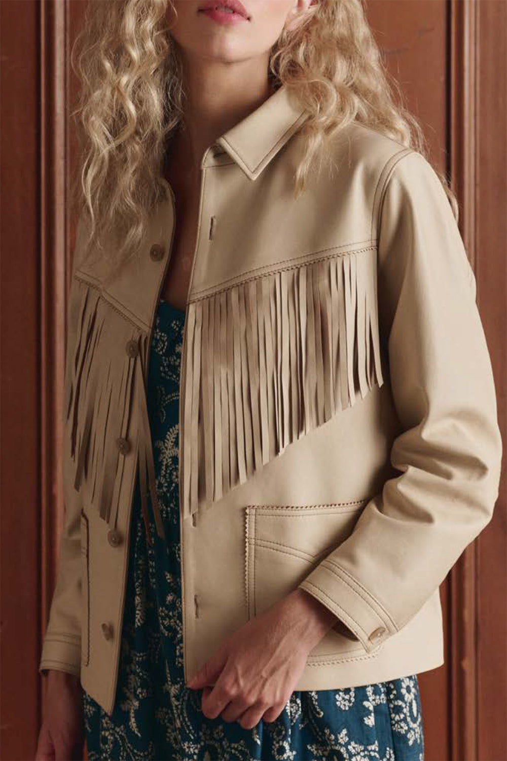 The Leather Fringe Jacket in Toasted Almond