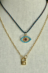 Gold Vermeil, Turquoise, Ruby and Diamond Evil Eye on Multi-Colored Silk Cord
