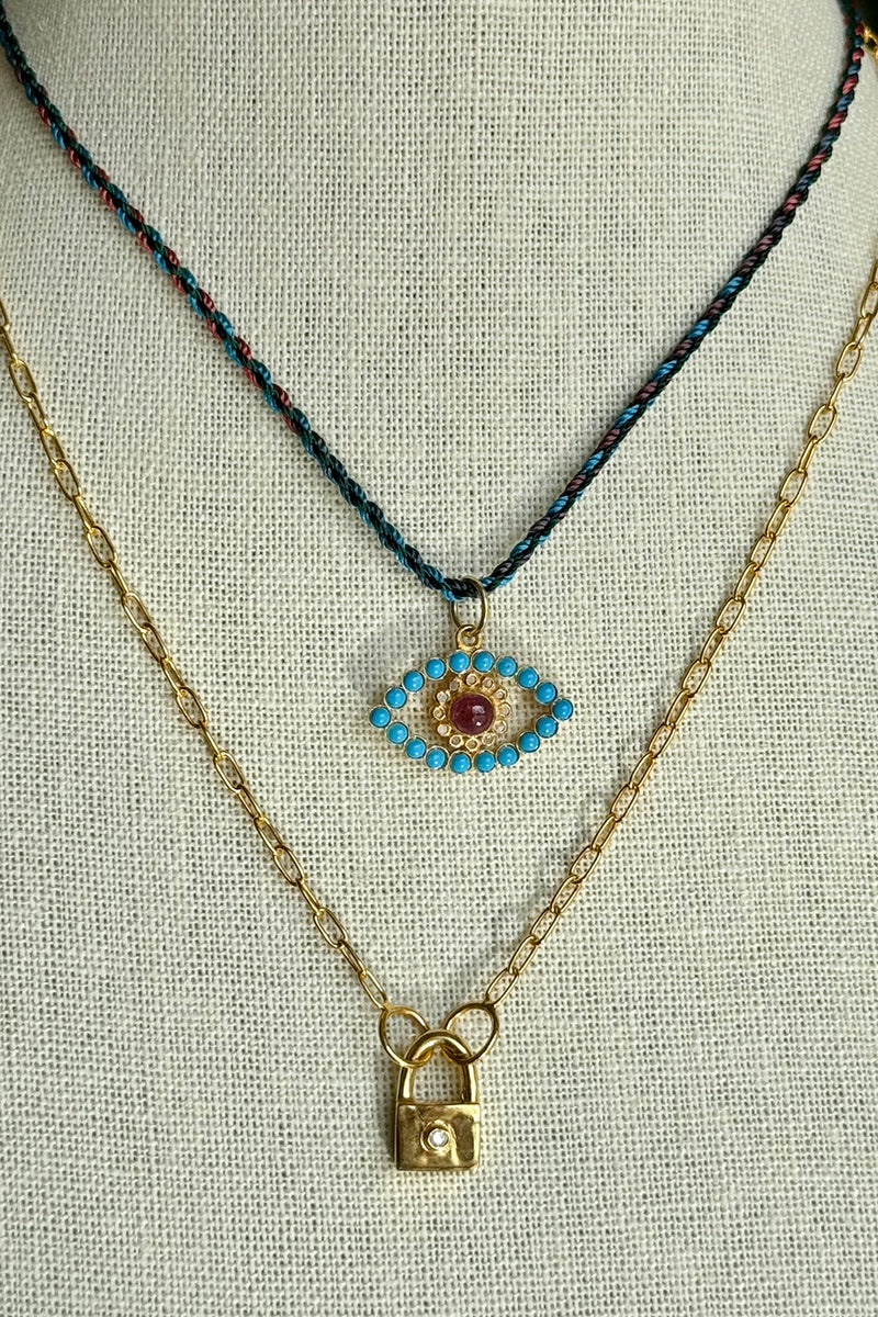 Gold Vermeil, Turquoise, Ruby and Diamond Evil Eye on Multi-Colored Silk Cord