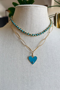 14K Gold Filled Oval Chain with Gold Vermeil, Turquoise Enamel & Pave Diamond Heart