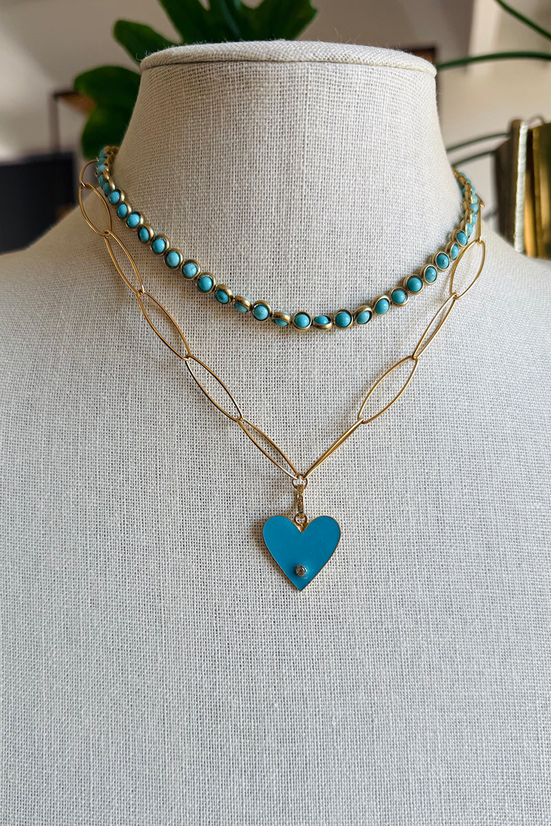 14K Gold Filled Oval Chain with Gold Vermeil, Turquoise Enamel & Pave Diamond Heart