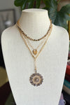 Necklace of gold vermeil long short chain with swivel clasp and vermeil, pave and polki diamond filagree pendant