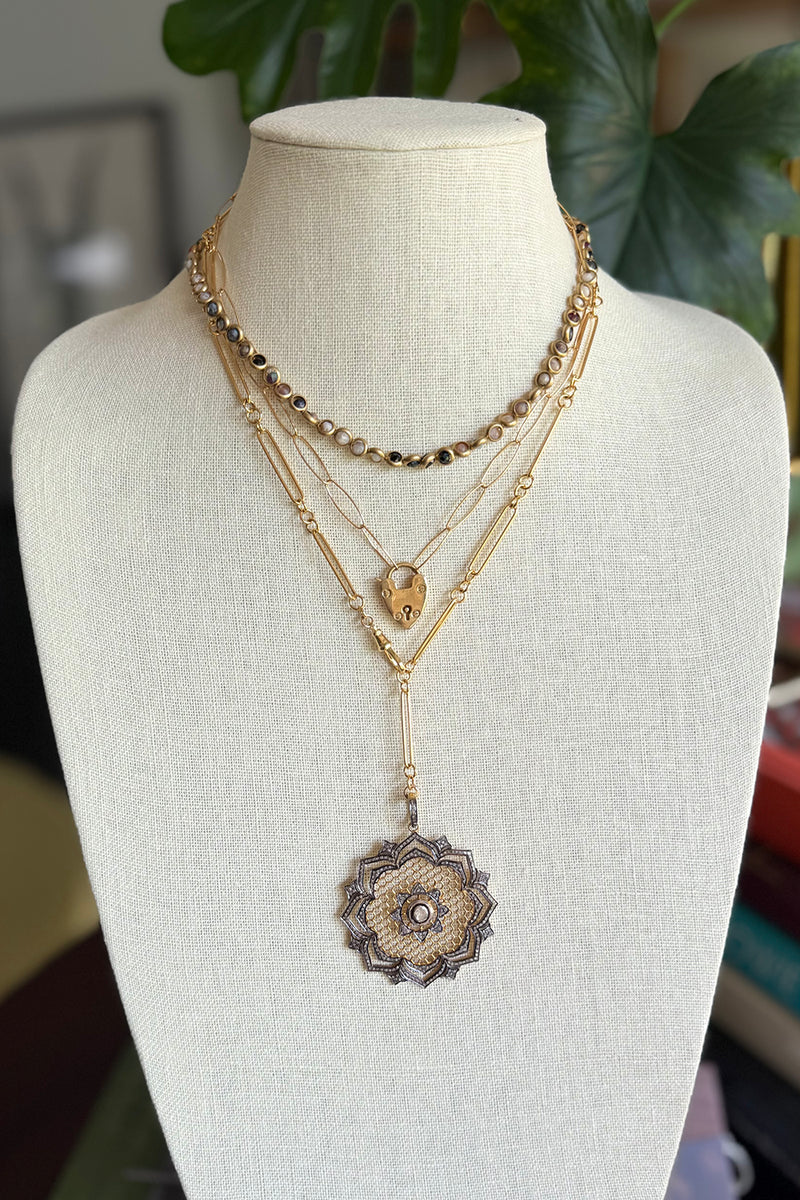 Necklace of gold vermeil long short chain with swivel clasp and vermeil, pave and polki diamond filagree pendant
