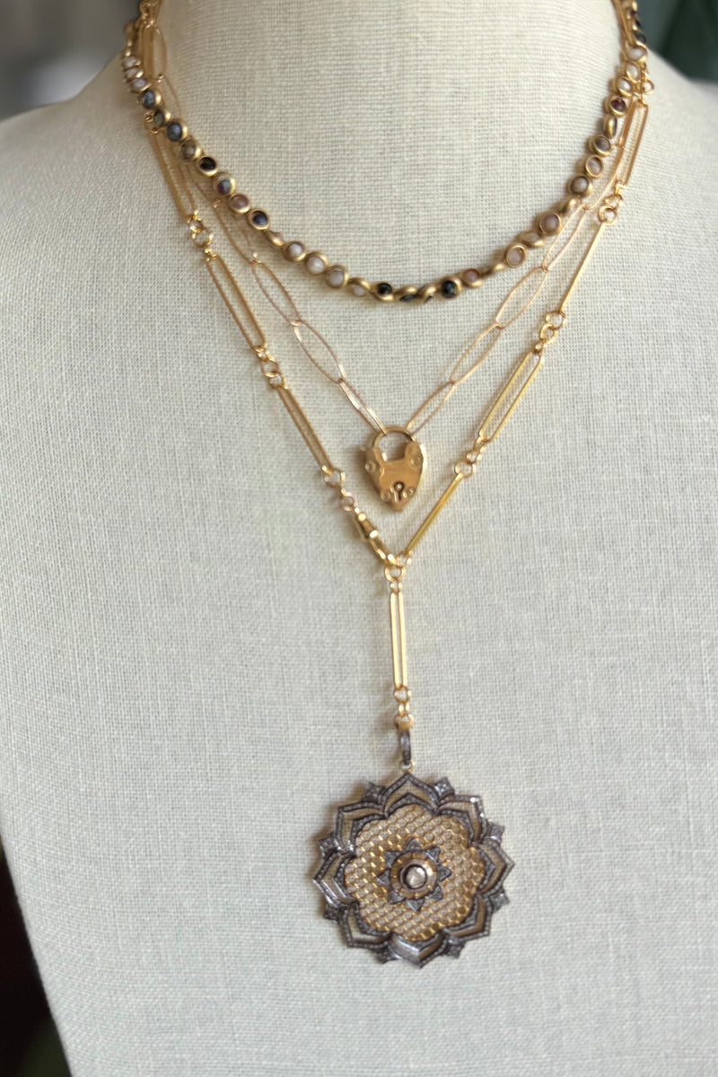 Necklace of gold vermeil long short chain with swivel clasp and vermeil, pave and polki diamond filagree pendant