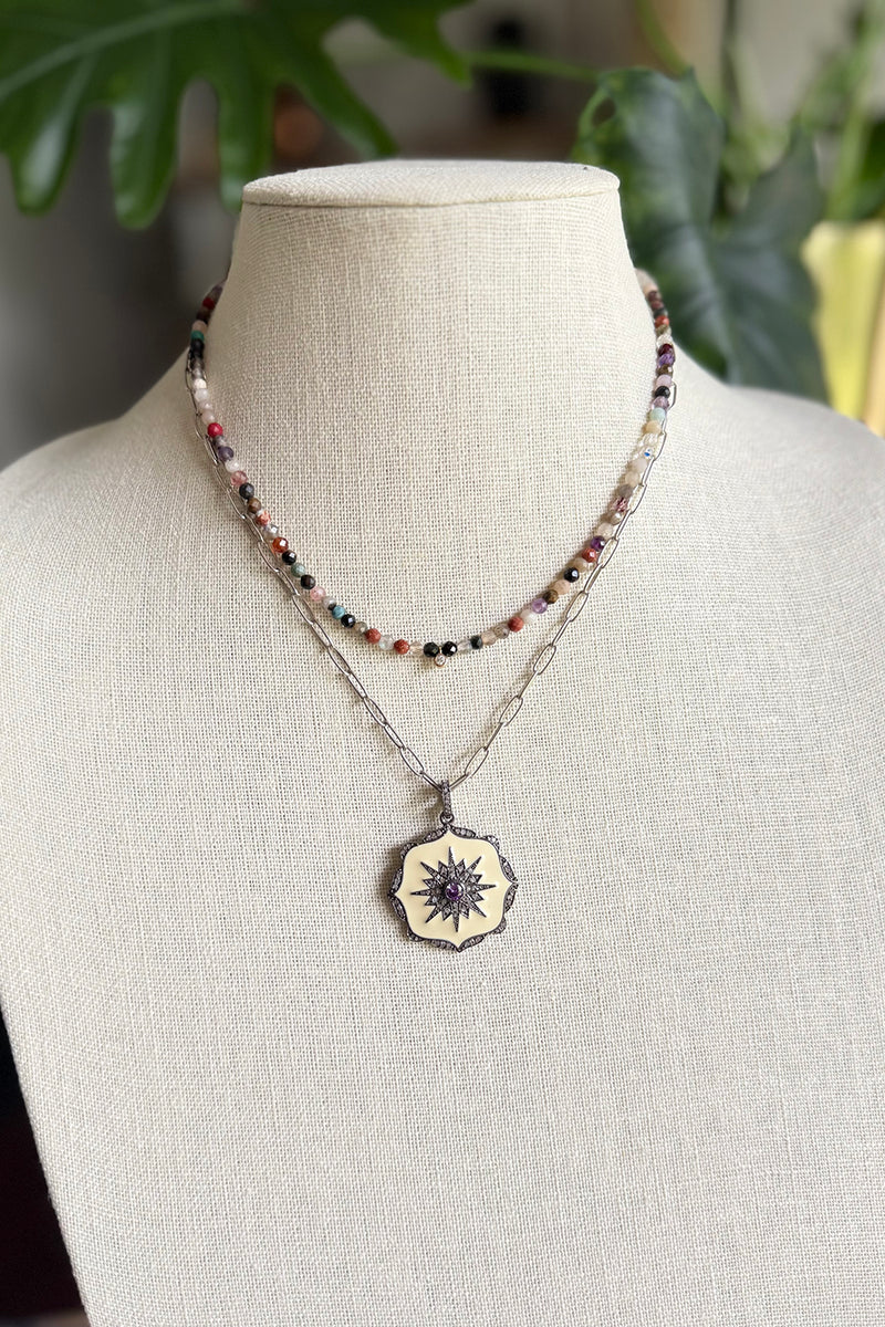 Tiny micro faceted multi gemstones Necklace with 14K gold and natural diamond drop