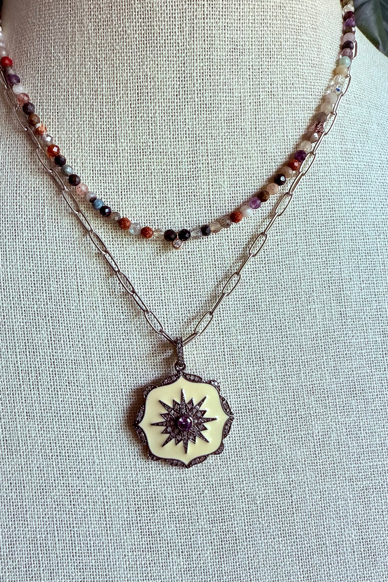 Tiny micro faceted multi gemstones Necklace with 14K gold and natural diamond drop