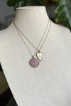 Necklace of oxidized silver bar chain with cream enamel and diamond heart pendant