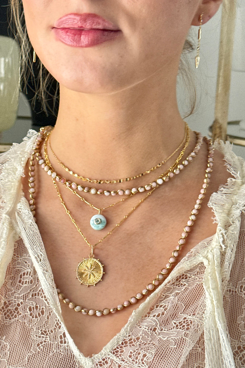 Larimar and Blue Topaz Circle Charm on 14K Gold Filled Bar Chain